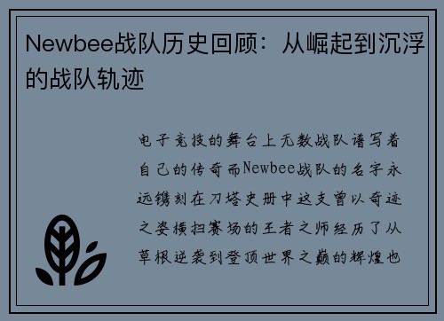 Newbee战队历史回顾：从崛起到沉浮的战队轨迹